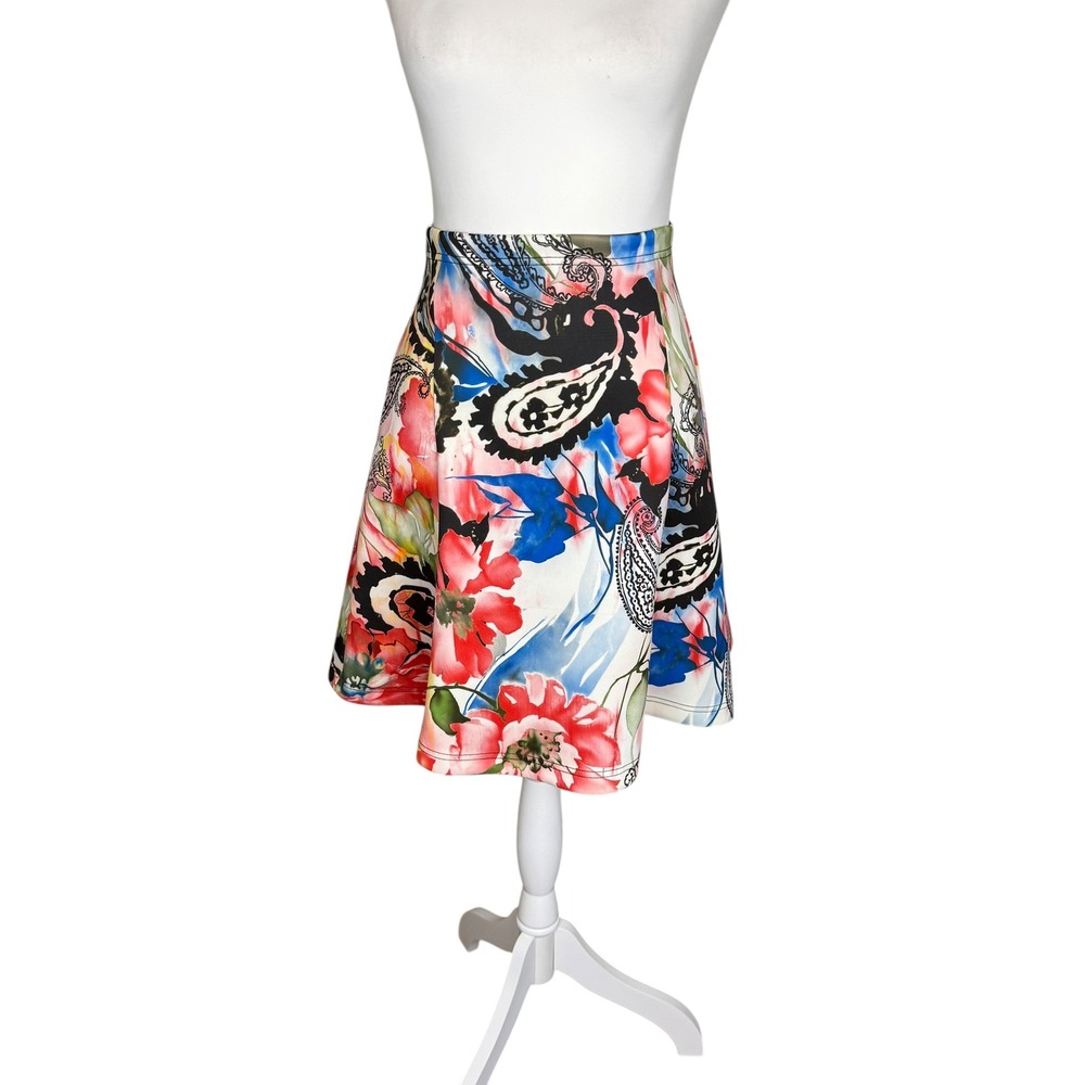 Milano Scuba Floral Paisley A-Line Mini Skirt Multicolor Stretch Flare Skirt XS
